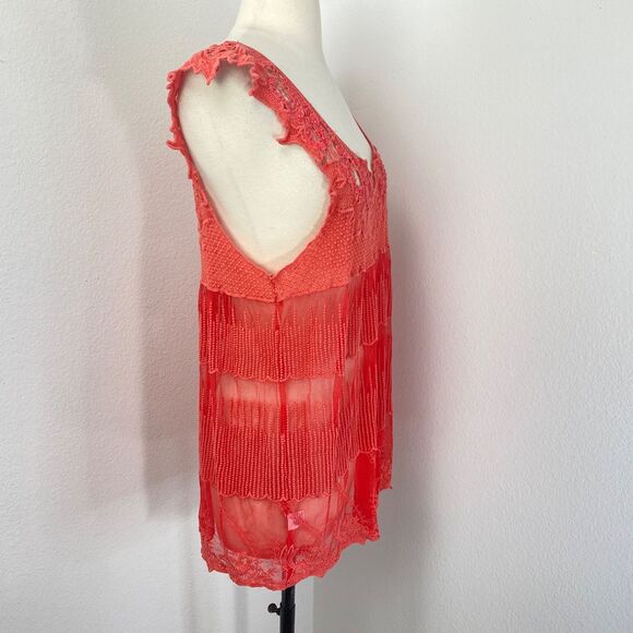 Janet Paris Orange Embroidered Mesh Top Tunic Large Studs Mesh Festival Boho - Picture 9 of 12